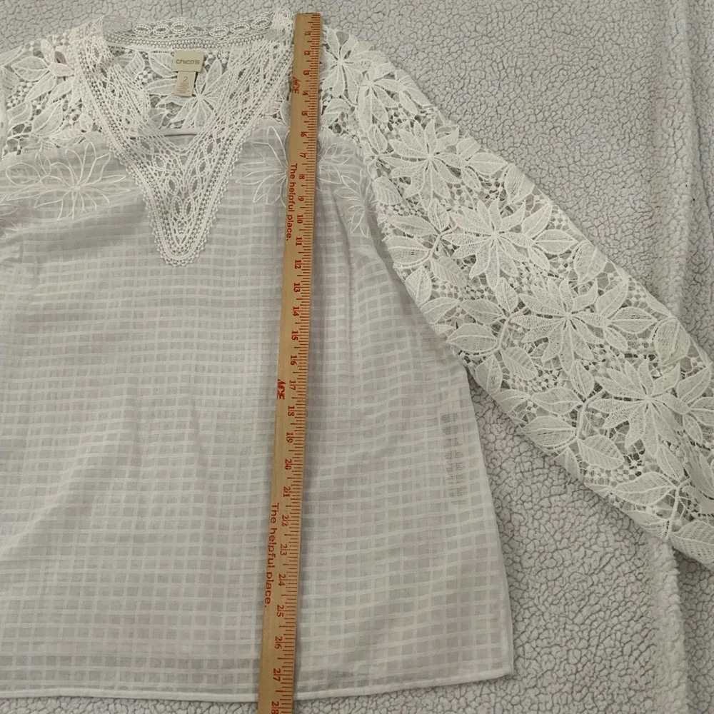 Chico's Sz Large Tunic White Lace Sheer Floral Cut Out Long Sleeve Side Slit New